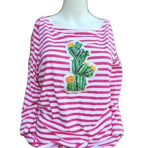 Hillard & Hanson Pink Stripe Cactus Embroidered Patch 3/4 Sleeve Cotton Top Sz L